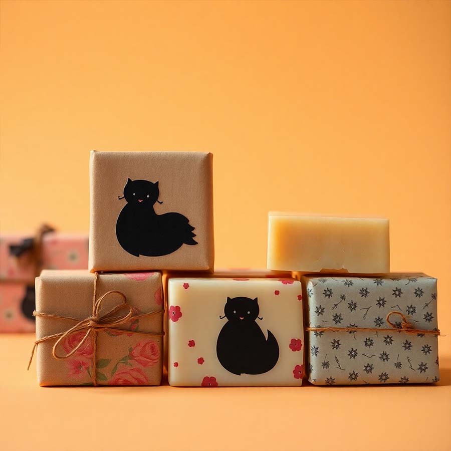 Custom-printed soap wrapping paper with brand logo
